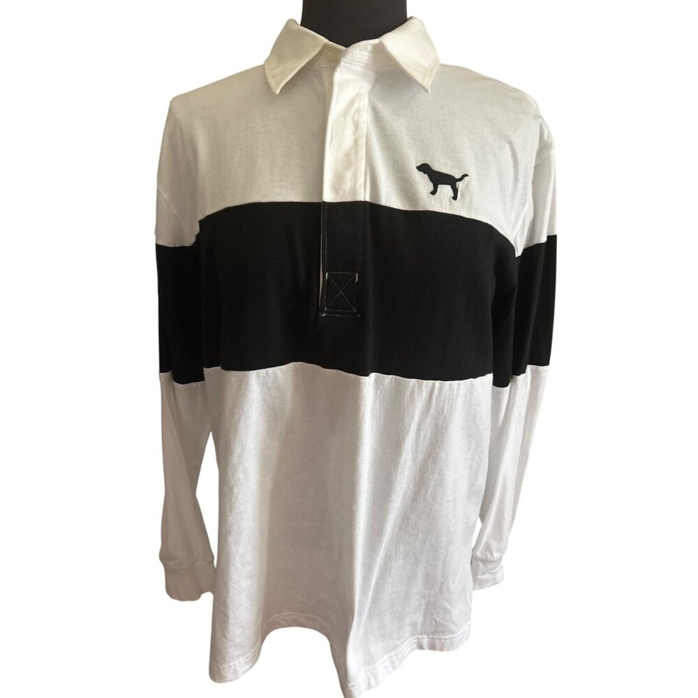 Victorias Secret Pink Long-Sleeve Black & White Rugby Polo Shirt Size M